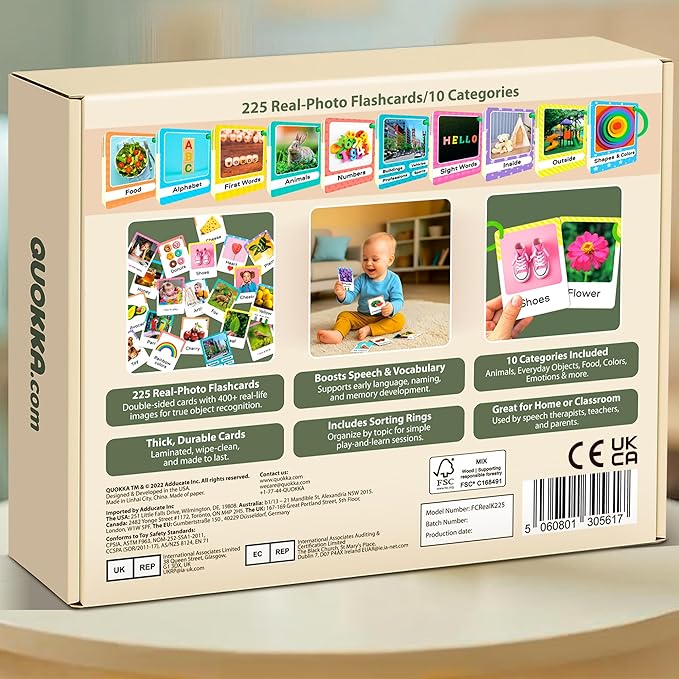 QUOKKA 225 Toddler Flash Cards with Rings – Realistic Learning Cards for Ages 1–3 – Alphabet, First Words, Animals etc – Portable Montessori Flashcards for Car Rides, Stroller Walks, Shopping &Travel