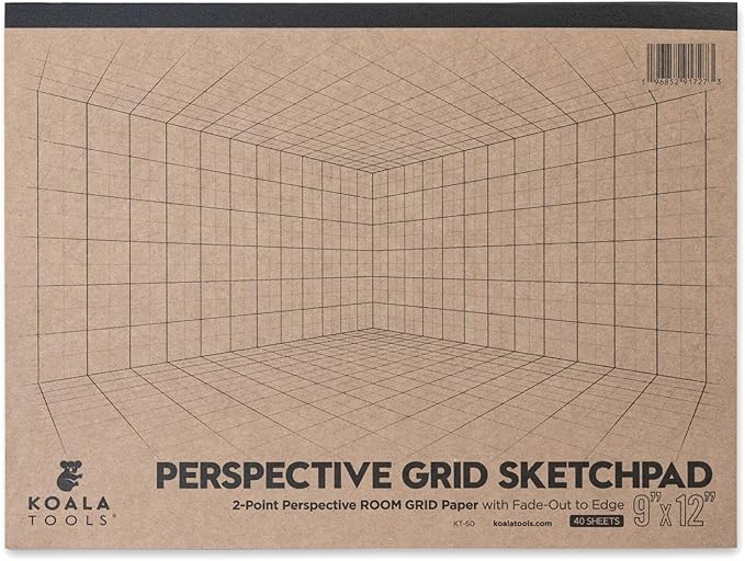 Koala Tools - 40-Page Drawing Pad for 2-Point Perspective, Room Grid Sketch Pad with 3D Virtual Walls Design, Gridded Graph Paper for Interior Room Design, Industrial, Architectural 9 x 12 inches