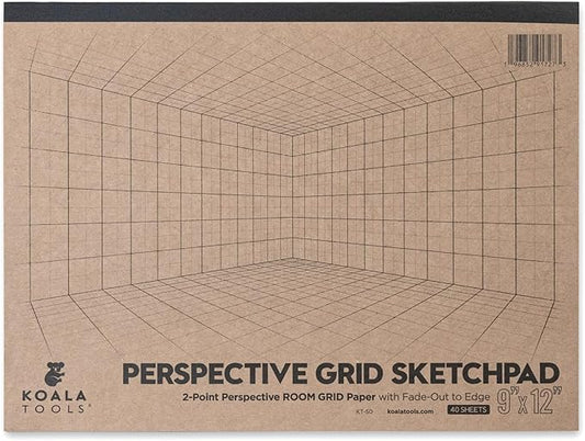 Koala Tools - 40-Page Drawing Pad for 2-Point Perspective, Room Grid Sketch Pad with 3D Virtual Walls Design, Gridded Graph Paper for Interior Room Design, Industrial, Architectural 9 x 12 inches