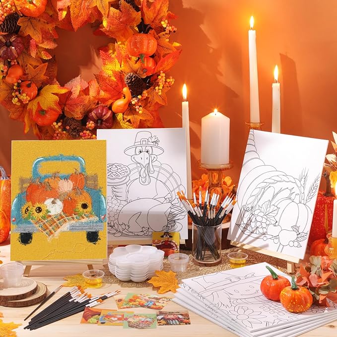 Cholemy 36 Pcs Paint and Sip Kit for Adults 8''x10'' Pre Drawn Canvas for Painting DIY Afro Acrylic Painting Kit Wood Easel Brushes Date Night Bulk for Father's Day Party Gifts(Fall Scarecrow)