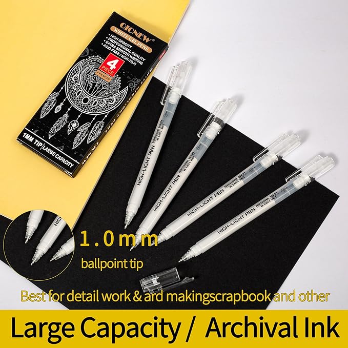 Qionew White Gel Pens,4 Pack, 1mm Fine Point Opaque White Archival Ink Pens,Gel Ink Pen Set,for Black Paper Drawing,Card Making, Art Highlight & Artists Drawing