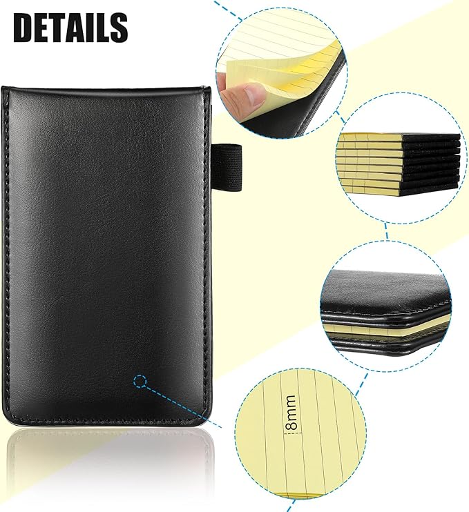 Outus 10 Pcs Mini Pocket Notepad Holder Set Included Small Leather Pocket Notebook Holder with 50 Lined Sheets, Metal Pen, 8 Pcs 3 x 5 Inch Memo Book Refills, 30 Lined Paper Per Note Pad(Black,Yellow)
