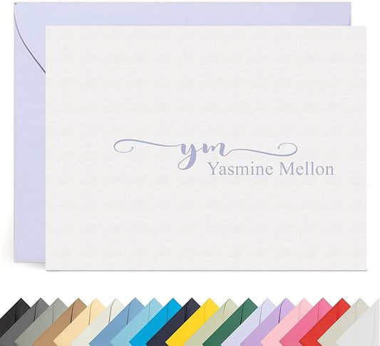 Personalized Stationery Note Cards with Envelopes – Custom Minimalist Thank You Cards, 12 Flat Note Cards & Colored Envelopes – Crush-Resistant Packaging - Folded Cards Option (Center Initial Script)