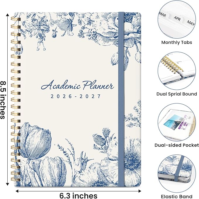 Planner 2026-2027, Hardcover Monthly and Weekly Academic Planner July 2026 - June 2027, Teacher and Student Calendar Agenda Book with Tabs, A5 (6.3" x 8.5"), Ideal for School and Office, Blue Elegance