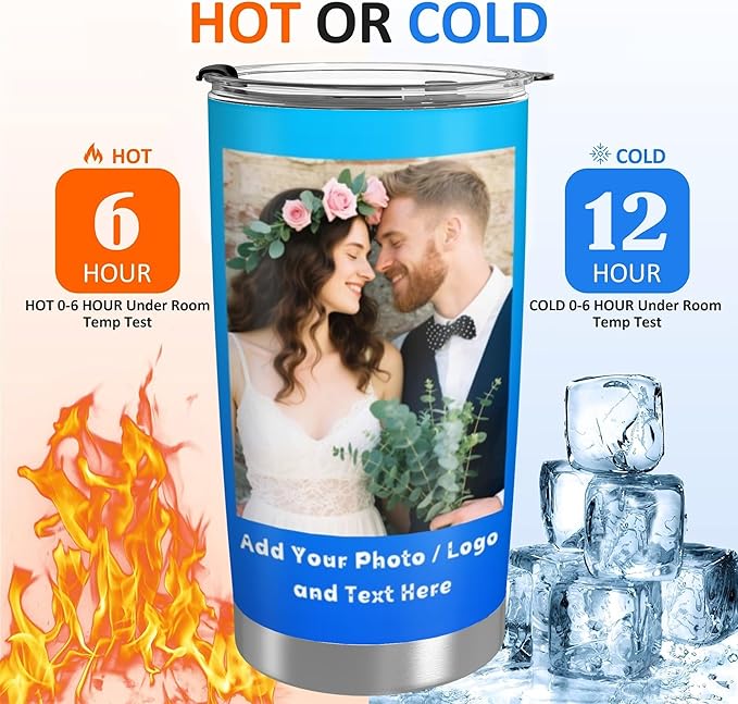 Personalized Tumbler Custom Vacuum Insulated Travel Mug Customizable Coffee Cup with Your Photos and Text Christmas Birthday Gift (2 Photos+Text)