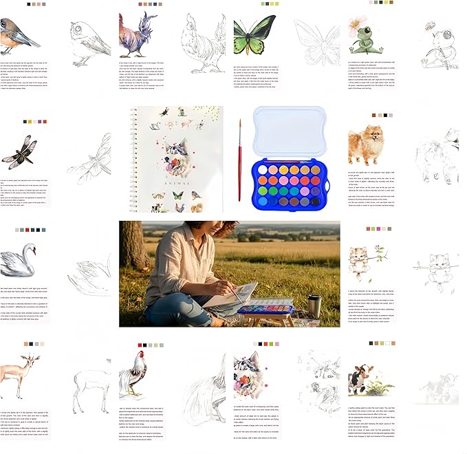 24 Colors Watercolor Book With Paint，Beginner Watercolor Workbook Kit, Watercolors Workbook (Animals -24 colors)