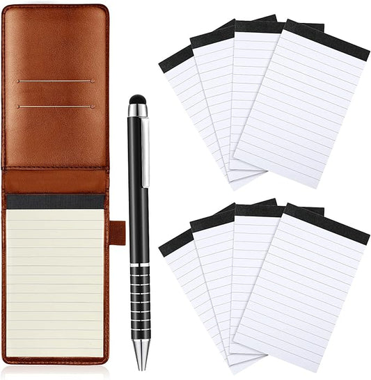 Outus 10 Pcs Mini Pocket Notepad Holder Set Included Small Leather Pocket Notebook Holder with 50 Lined Sheets, Metal Pen, 8 Pcs 3 x 5 Inch Memo Book Refills, 30 Lined Paper Per Note Pad (Brown)