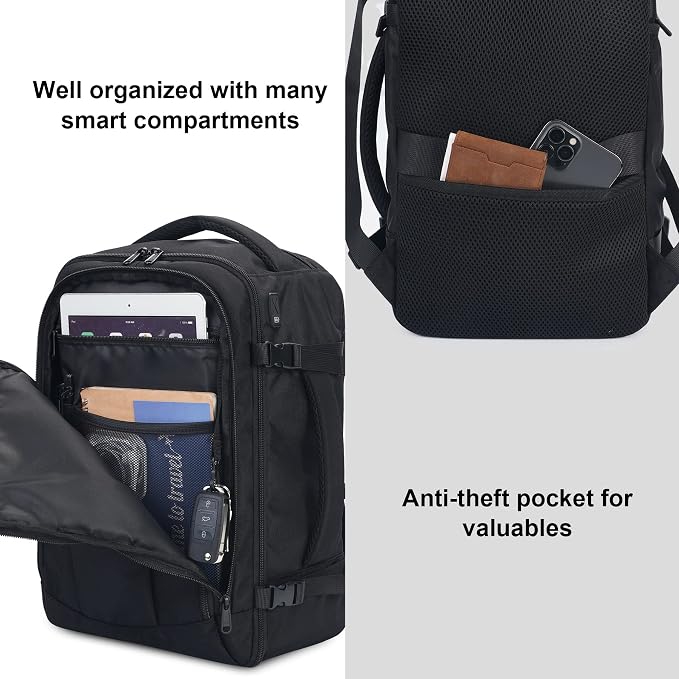 ECOHUB Travel Backpack 18x14x8 Frontier Airlines Personal Item Bag Black | Carry On Backpack with 13 Pockets, Casual Daypack for Men Women Airline Approved Water Resistant Back pack with Charging Port
