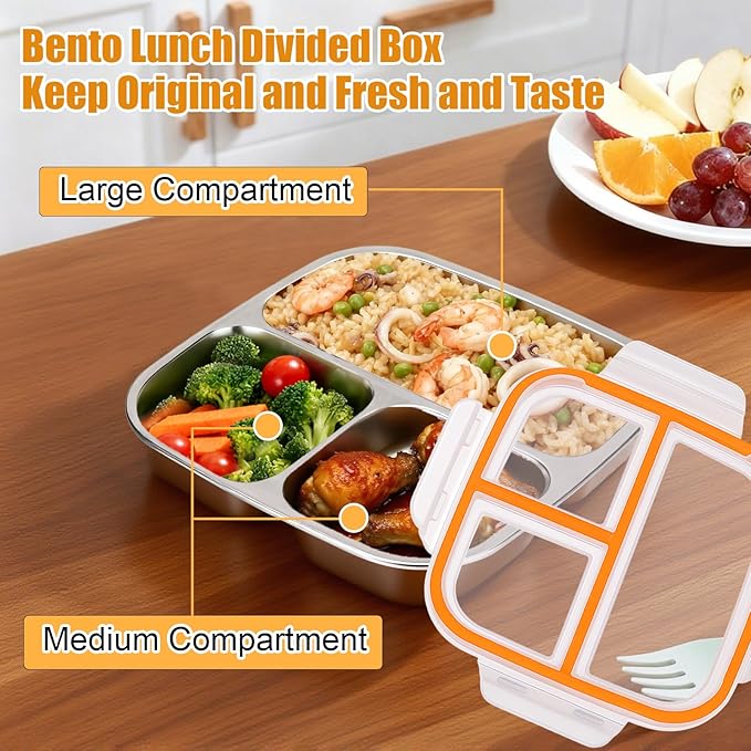 Palksky Lunch Box Containers Stainless Steel, Bento Lunch Box for Adults Men Women, 3-Compartments Metal Food Storage Containers with Leakproof Lids for Travel Picnics Office (2 Packs)