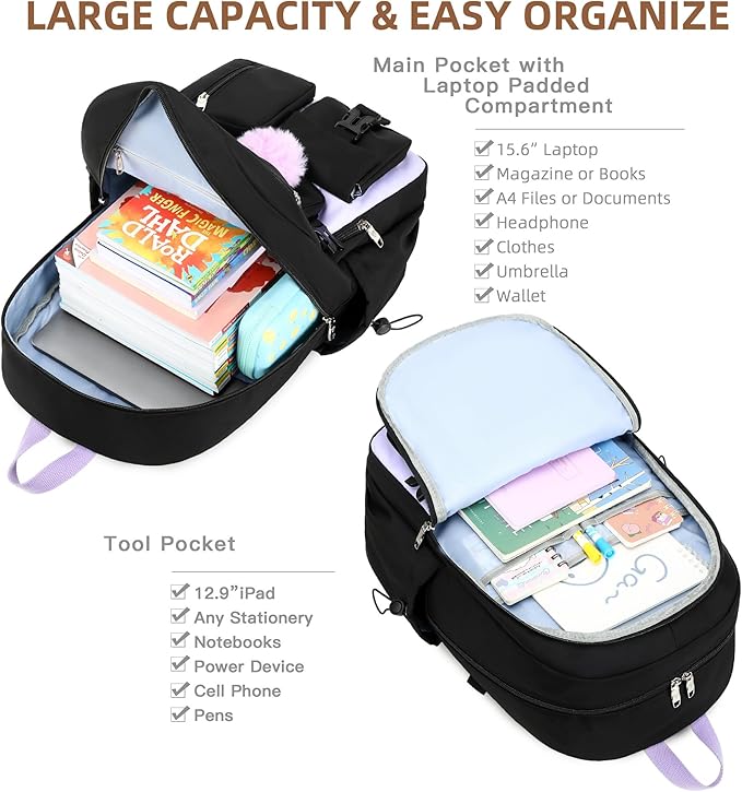 LXYGD Laptop Backpack 15.6 Inch Kids Elementary Middle High School Bag College Backpacks Anti Theft Travel Back Pack Large Bookbags for Teens Girls Women Students (Black Purple)