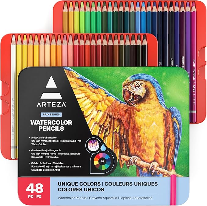 ARTEZA Watercolor Pencils, Set of 48, Water-Soluble Colored Pencils with 4 mm Break-Resistant Core, Pre-Sharpened Tips and Metal Tin for Drawing, Shading, Blending, and Wet or Dry Techniques
