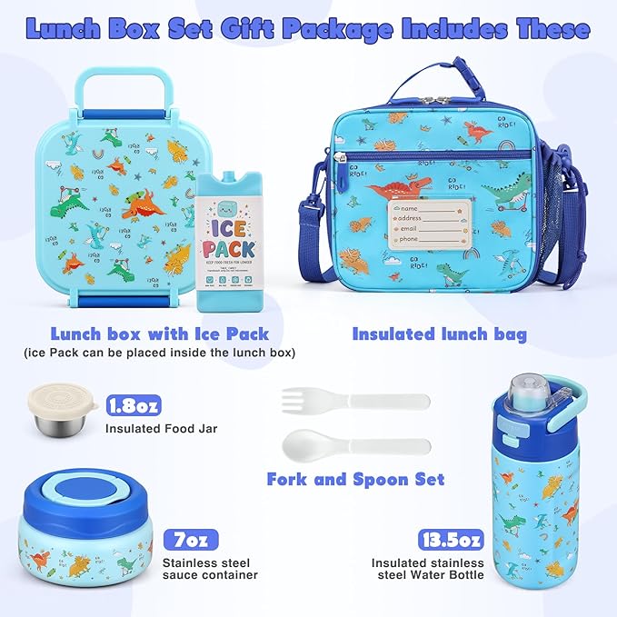 Bento Lunch Box for Kids with 7oz Soup Thermo,Insulated Stainless Steel Kids Water Bottle with Straw and Insulated Lunch Bag,Leak-Proof Lunch Food Container with Ice Pack for School (Blue-Dinosaur)