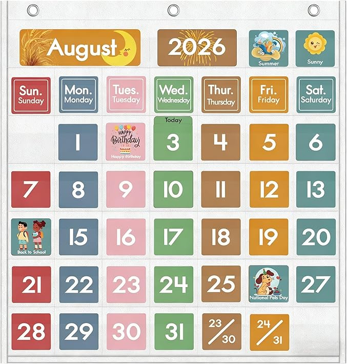 46 Pockets Classroom Calendar Pocket Chart with 77 Cards, Daily Monthly Learning Calendar for Circle Time Weather Seasons, Preschool Kindergarten Homeschool Must Have, Teacher Essential Supplies White