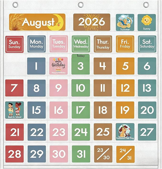 46 Pockets Classroom Calendar Pocket Chart with 77 Cards, Daily Monthly Learning Calendar for Circle Time Weather Seasons, Preschool Kindergarten Homeschool Must Have, Teacher Essential Supplies White