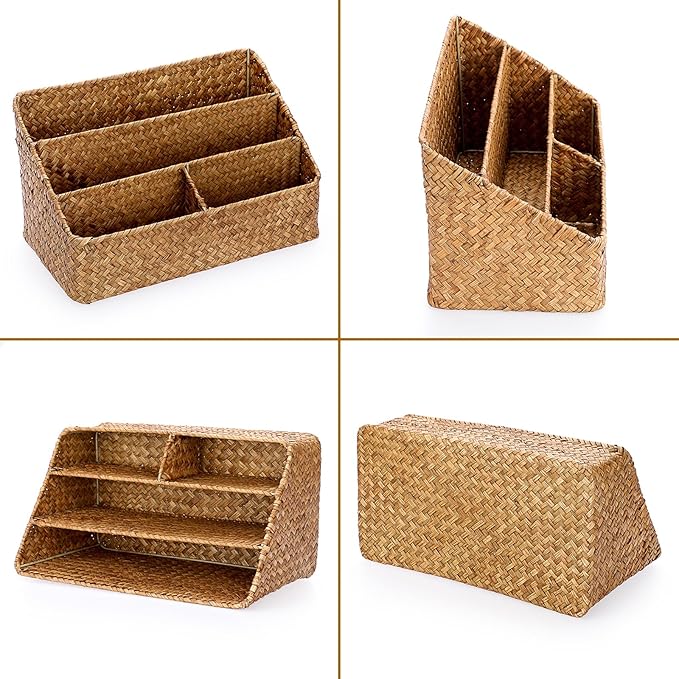 BTSKY Woven Storage Basket Natural Seagrass Vertical Wicker Storage Baskets with 4 Compartments Desk Organizers and Storage Magazine File Holder Home Office Supplies Sorter Rack, Caramel