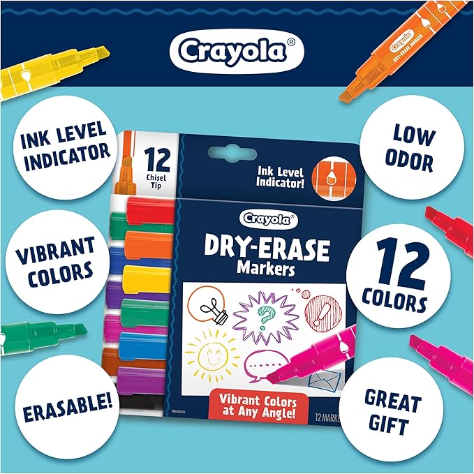 Crayola Take Note Dry Erase Markers for School (12ct) Essential Easter Basket Stuffers, Chisel Tip Whiteboard Markers, Spring Craft Supplies for Teachers, Low Odor (Pack of 2)