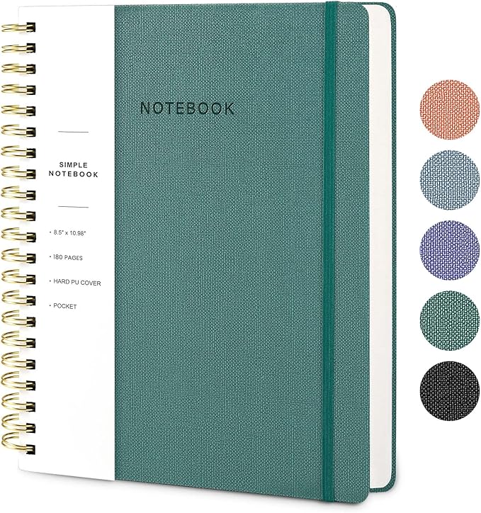 Oneirom Spiral Notebook - 8.5 x 10.98 Inch Large Hard Cover Notebook with Elastic Band & Pocket, 180 Pages, Lay Flat Wirebound Journal for Work, School, Planning & Note Taking Green