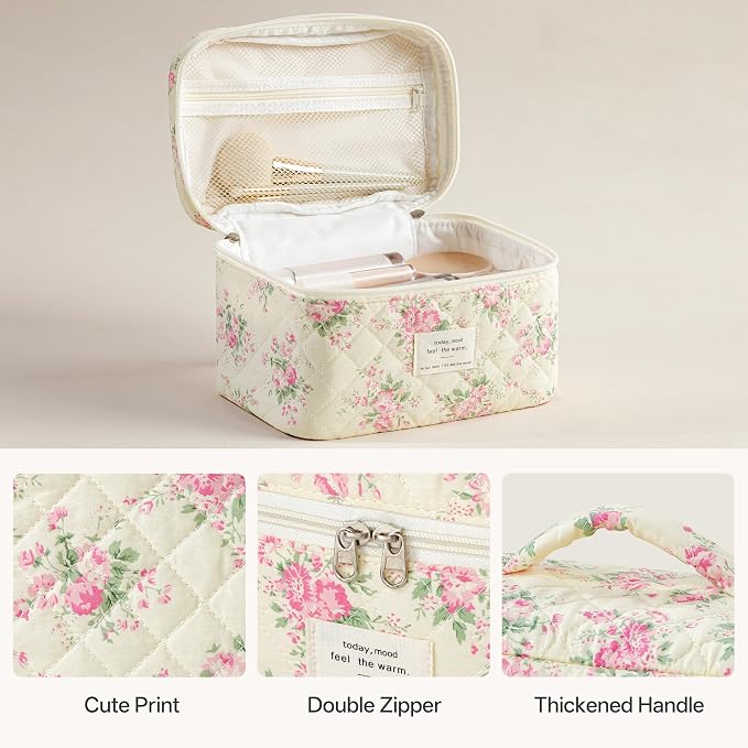 HBselect Quilted Makeup Bag, 3Pcs Cotton Large Travel Makeup Bags Organizer | Cute Floral Make up Bag Cosmetic Bag Toiletry Bag for Women Girls, Makeup Pouch for Skincare, Brushes & Travel Essentials