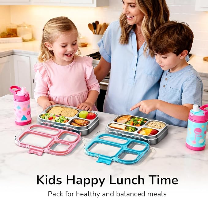 G.a HOMEFAVOR Stainless Steel Lunch Box - 4 Compartments Bento Box for Kids, Leakproof Food Container for School, Office, Dishwasher Safe, BPA-Free, 800 ml/27 oz, Blue