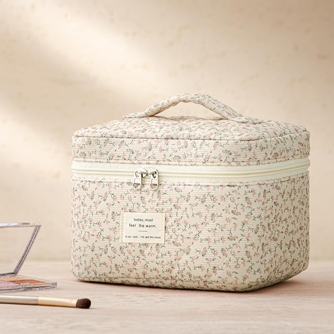 HBselect Quilted Makeup Bag, 3Pcs Cotton Large Travel Makeup Bags Organizer | Cute Floral Make up Bag Cosmetic Bag Toiletry Bag for Women Girls, Makeup Pouch for Skincare, Brushes & Travel Essentials
