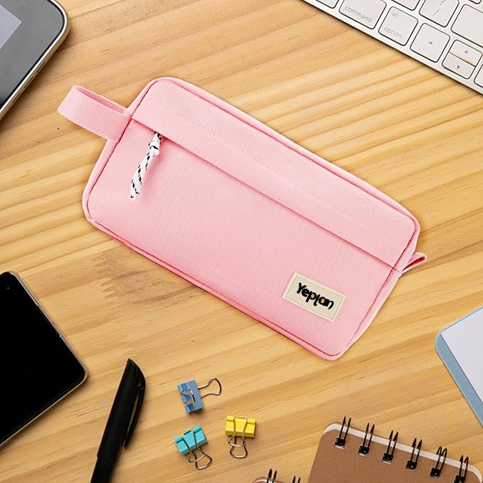Yeplan Pink Pencil Case with Handle,Large Capacity Pencil Pouch | 3 Compartments Pencil Bags,Cute Pencil Case with Zipper,Stationery Storage for Teen and Adult,Pencil Case For Girls