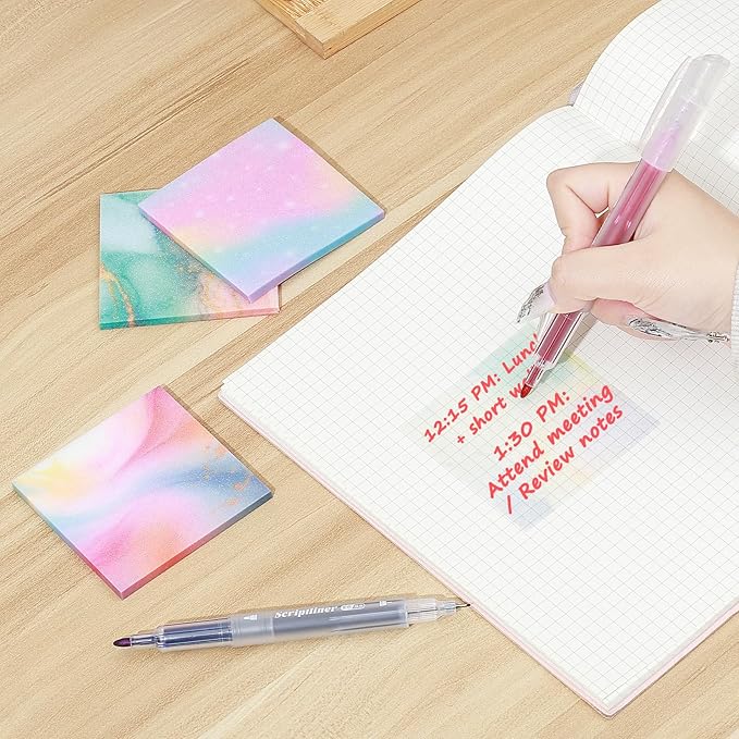 BAYTORY 200 Sheets Transparent Sticky Notes, 6Pcs Double-Ended Colored Marker Pen, 3 x 3 Glitter Clear Sticky Notes, Waterproof Self-Stick Note, Easy to Post for Note Taking (Colorful)