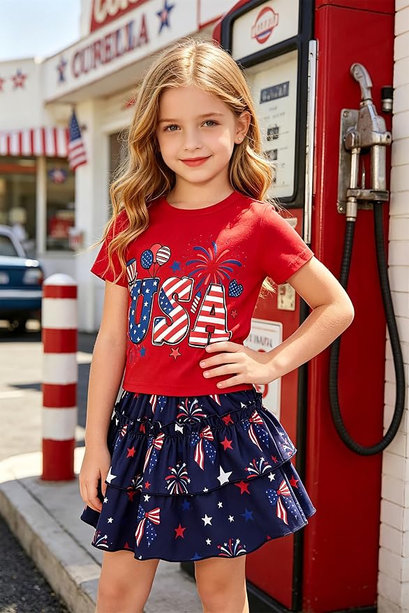 Little Girls Skirt Set - 2 Piece Short Sleeve Top Shirred Tiered Skirt Outfit Girls Spring Summer Clothes 3-8 Years