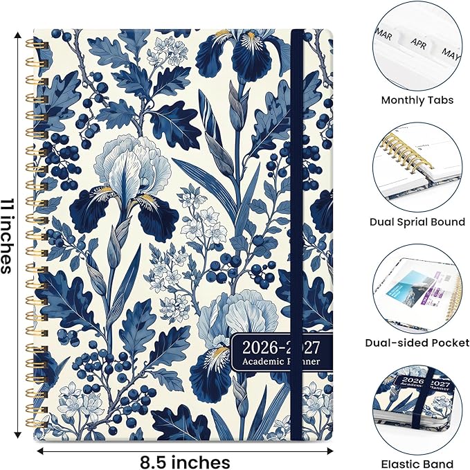 Planner 2026-2027, Academic Planner Weekly and Monthly, Jul 2026 - Jun 2027, Spiral Bound School Planning Tool with Tabs and Pocket, Perfect for Students & Teacher, 8.5" x 11", Blue Heirloom