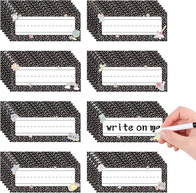 Gueevin 49 Pcs Back to School Magnetic Name Tag and Erasable Pencil, Composition Dry Erase Magnetic Labels Reusable Black Notebook Name Tags for Classroom Whiteboard Bulletin Board Refrigerator Craft