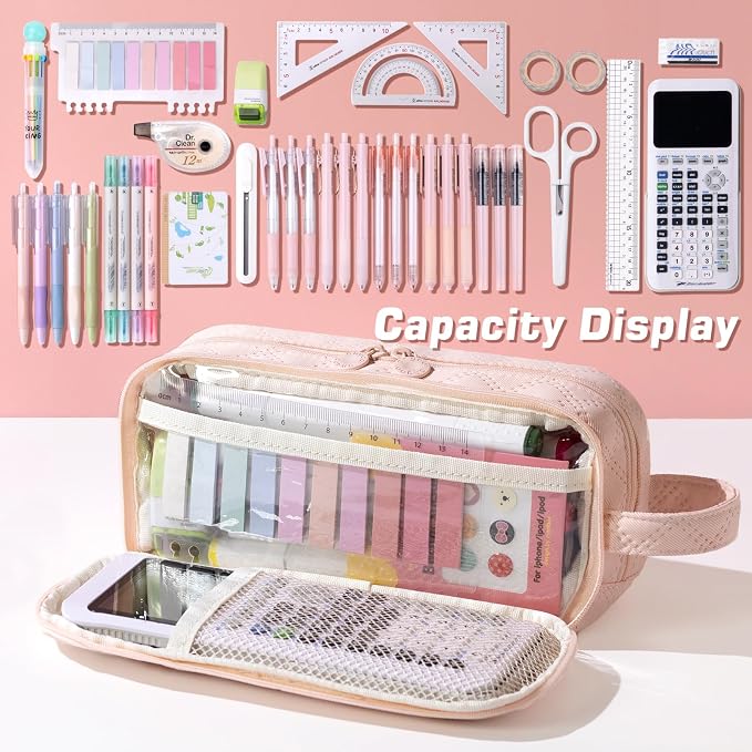 EASTHILL Large Capacity Pencil Case Cute Pencil Pouch with Handle Stationery Pen Bag for Teen Girls-Pink