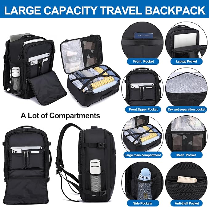 Large Travel Backpack for Men,Airplane Approved Carry On Backpack Suitcase with Shoe Pouch, Luggage Bag TSA 17.3inch Laptop Mochila Flight Approved Casual Daypack Bookbag Travel Essentials,Black