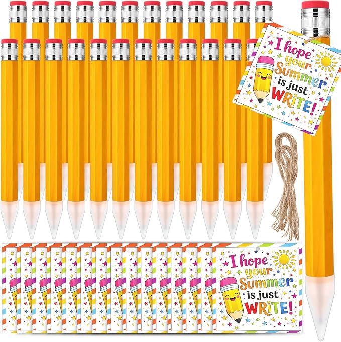 24 Sets End of the Year Student Gifts 13 Inch Big Wooden Jumbo Pencils Set of Giant Pencil Prop with Summer Greeting Card Large Pencils with Cap Preschool Kindergarten Graduation Gift