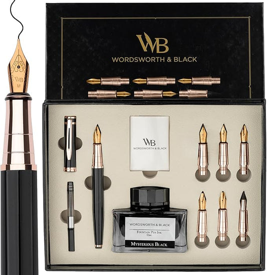 Wordsworth & Black Calligraphy Pen Gift Set, Includes Ink Bottle, 6 Ink Cartridges, A Refill Converter, 6 Replacement Nibs, Journaling, Smooth Writing Pens [Black Rose Gold]