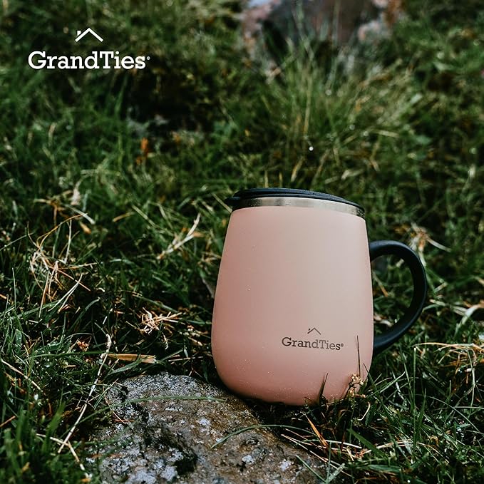GRANDTIES Insulated Coffee Mug with Handle - Sliding Lid for Splash-Proof 16 oz Wine-Glass Shape Thermal Tumbler with Double Walled Vacuum Stainless Steel to Keeps Beverages Hot or Cold (Peach Crème)