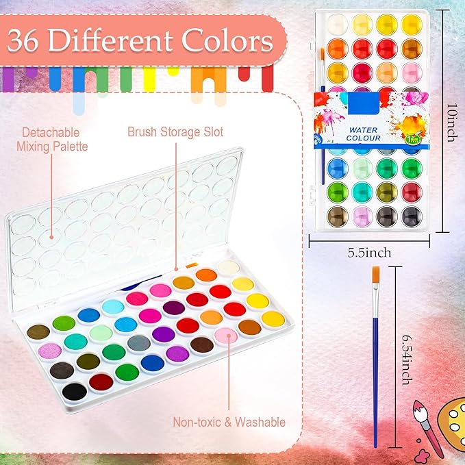 Nuanchu Gifts Bulk Watercolor Paint Washable Watercolor Paint Kits Palette and Brushes Portable Water Color Supplies for Adults, Beginners Artists Graduation Gift(6 Pack,36 Colors)