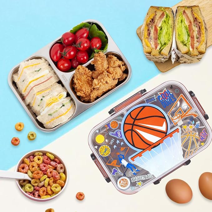 Stainless Steel Bento Lunch Box for Kids, 800ml/27oz BPA-Free Leak-Proof Food Containers with 3 Compartments, Freezer & Dishwasher Safe, Back to School Students Lunches Size for Ages 3-7