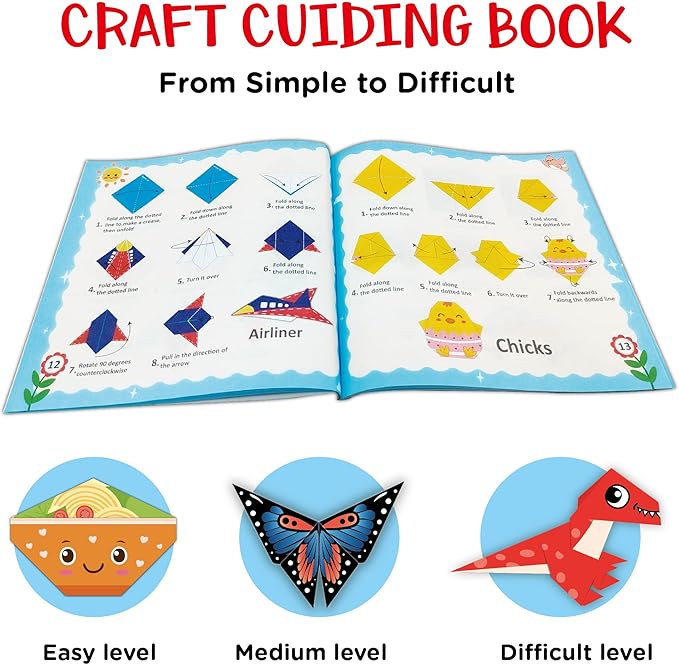 Origami Kit for Kids Ages 5-8 8-12, 100 Sheets Double Sided Colorful Folding Paper (45 Patterns×2+10Blank) with Clear Guiding Book, Animals Dinosaur Art Activity DIY Craft Set Gift for Girls Boys