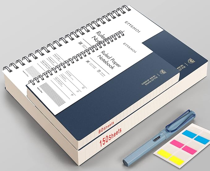 EMSHOI A4 Spiral Notebook College Ruled Lined Journal, 11.2" X 8.27", 300 Pages/150 Sheets, Easy Tear Perforated Pages, 100gsm Thick Paper, Waterproof Softcover, for School Work Writing-Blue