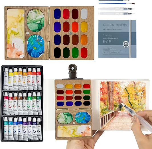 Mini Watercolor Paint Set，Travel Watercolor Set，Portable Watercolor Kit，Pocket Artist Water Color Travel Set with Include Paint, Brush and Picture Album for Beginners Artists Painting Enthusiasts
