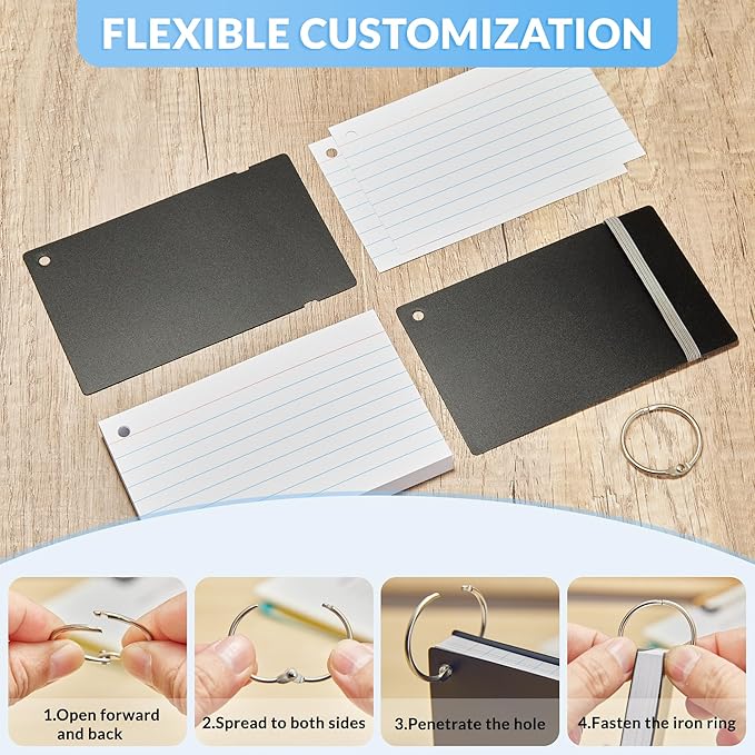 NEEWAY Heavyweight Ruled Index Cards 3x5, 200 Count Flash Cards with Rings and Cover, White Note Cards Lined for Home, Office (Black)