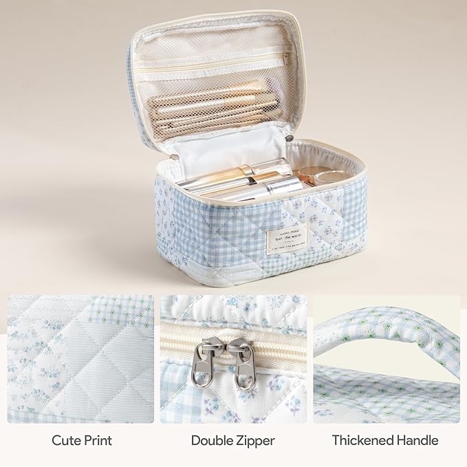 HBselect Quilted Makeup Bag, 3Pcs Cotton Large Travel Makeup Bags Organizer | Cute Floral Make up Bag Cosmetic Bag Toiletry Bag for Women Girls, Makeup Pouch for Skincare, Brushes & Travel Essentials