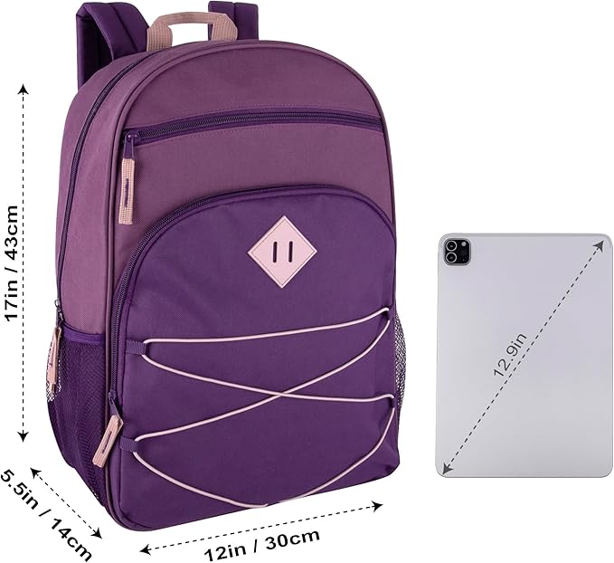 Summit Ridge Backpacks with Bungee Cord Front | 17” Multi Pocket Backpack for Adults, College, Travel (Purple/Lilac)