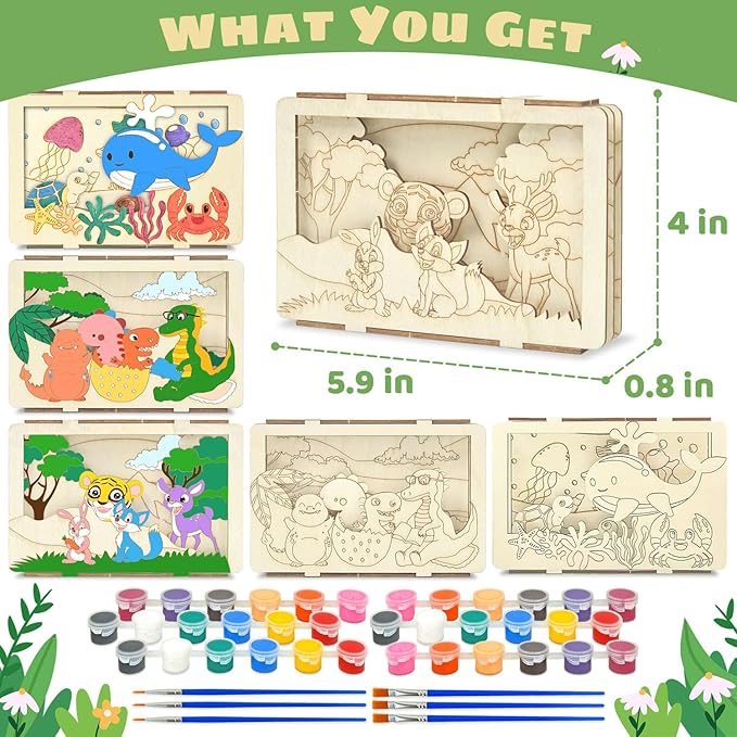 Vileafy 3D Wooden Painting Craft Kits for Kids 4-8 – DIY Arts & Crafts with Dinosaur, Ocean & Jungle Animals – Includes Individual Paints & Brushes for Party Favors and Gifts(3)