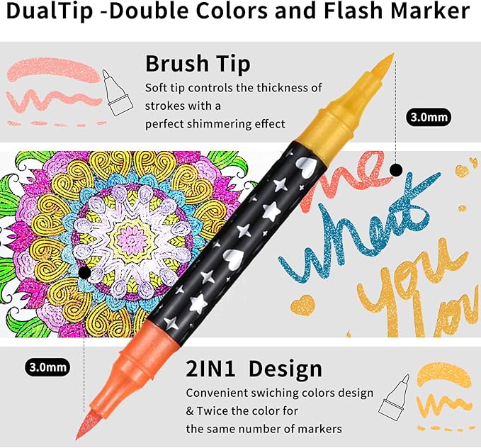 24 Colors Glitter Brush Markers,12 Pack Dual Tip Brush Glitter Marker for Doodle Writing, Glitter Art Crafts Adults DIY Crafts Greeting Birthday Cards Making