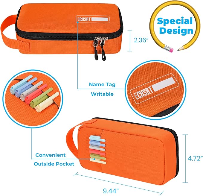 ECHSRT Large Capacity Pencil Case with Hidden Pocket, 1200D Oxford Fabric Zipper Pencil Pouch with Handle, Multi-Pocket Stationery Organizer for Office, College, Travel and Daily Carry, Orange