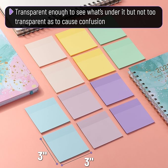 Mr. Pen- Transparent Sticky Notes, 3" x 3", 12 Pads, 600 Sheets, See Through Self-Adhesive Notes for Bible Journaling and Studying, Water-Resistant, Easy to Peel, Clean Removal