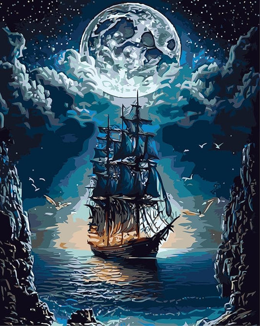 YPF Paint by Numbers for Adults Landscape Paint by Number on Canvas, DIY Steamship Moon Acrylic Oil Painting Kits with Brushes for Home Wall Decor (16x20 inch)
