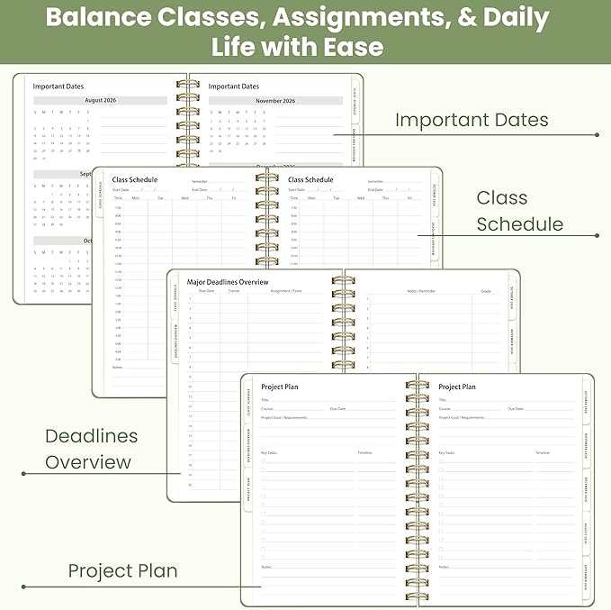 Academic Planner Aug 2026-Jul 2027, A5 Size, Student Planner with Monthly & Weekly Layout, Spiral Planner with Tabs, Class Schedule, Major Deadlines & Project Planning (Green)