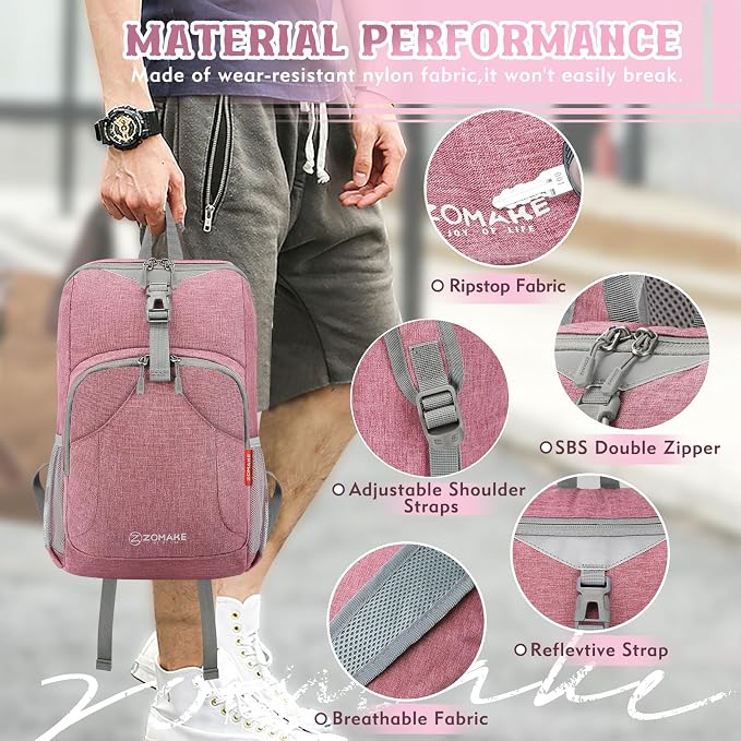 ZOMAKE Lightweight Packable Backpack, 10L Small Foldable Daypack for Hiking | Water Resistant Collapsible Backpacks for Women Men, Everyday Carry, Multi Compartment Storage, Adjustable Strap(Pink A4)