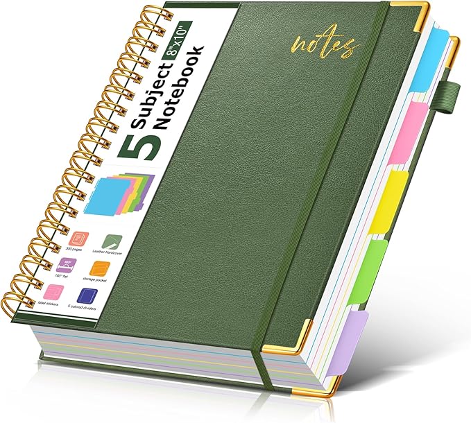 5 Subject Spiral Notebook Journal with Removable Dividers Tabs, 300 Pages Organizer Notebooks for Work School, 8"x10" Hardcover Leather Notebook College Ruled, Large Lined Journal for Women Men,Green